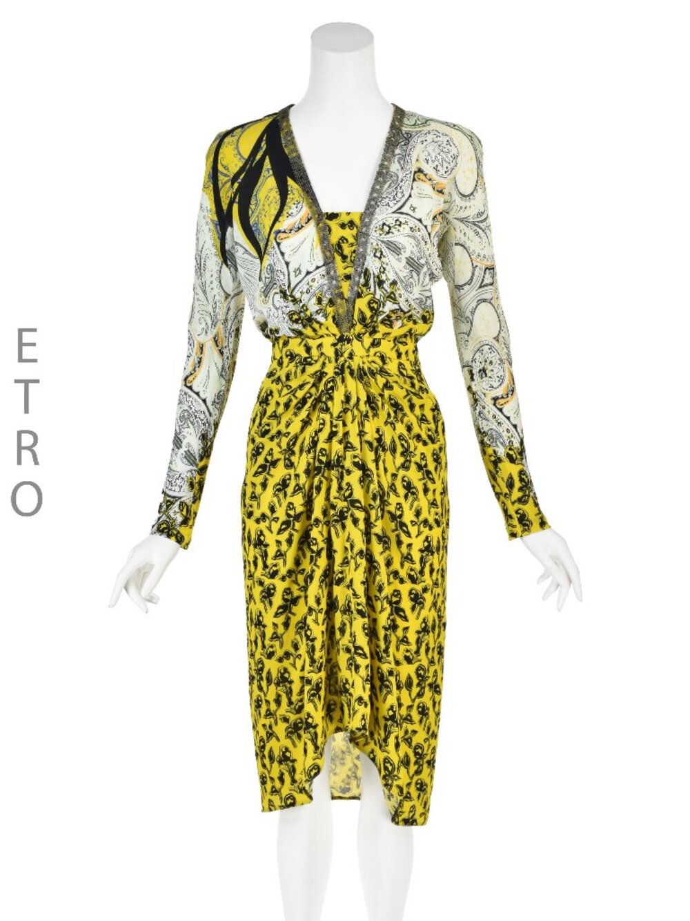 ETRO Yellow and Black Floral and Paisley Midi Dress with Copper Chain Trim, SZ 8